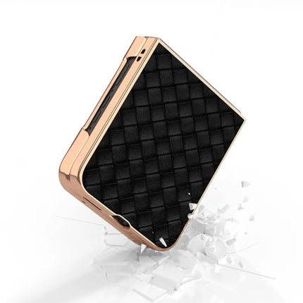 For Motorola Razr 50 5G Case Woven Texture Electroplating Edge Leather Coated PC Phone Cover
