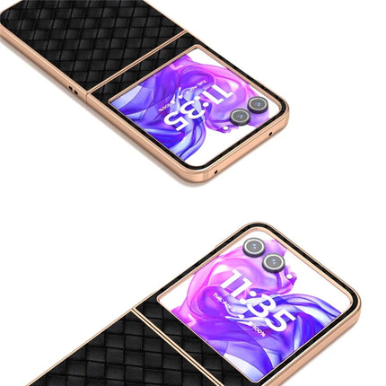 For Motorola Razr 50 5G Case Woven Texture Electroplating Edge Leather Coated PC Phone Cover
