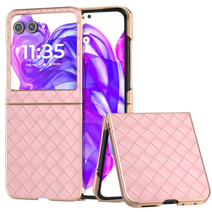 For Motorola Razr 50 5G Case Woven Texture Electroplating Edge Leather Coated PC Phone Cover - Pink