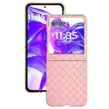 For Motorola Razr 50 5G Case Woven Texture Electroplating Edge Leather Coated PC Phone Cover
