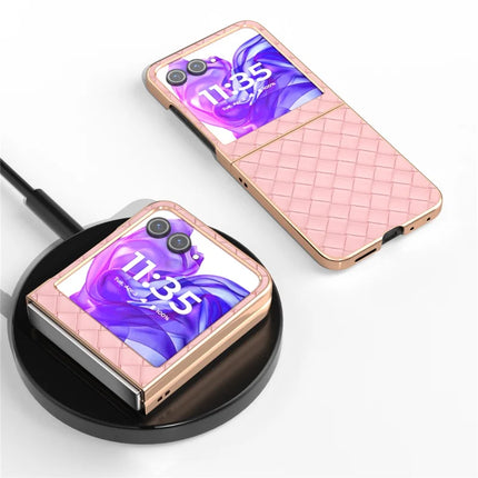 For Motorola Razr 50 5G Case Woven Texture Electroplating Edge Leather Coated PC Phone Cover