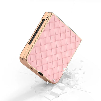 For Motorola Razr 50 5G Case Woven Texture Electroplating Edge Leather Coated PC Phone Cover
