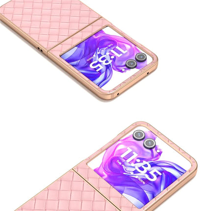 For Motorola Razr 50 5G Case Woven Texture Electroplating Edge Leather Coated PC Phone Cover