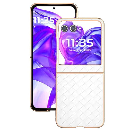 For Motorola Razr 50 5G Case Woven Texture Electroplating Edge Leather Coated PC Phone Cover
