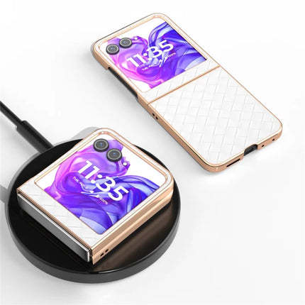 For Motorola Razr 50 5G Case Woven Texture Electroplating Edge Leather Coated PC Phone Cover