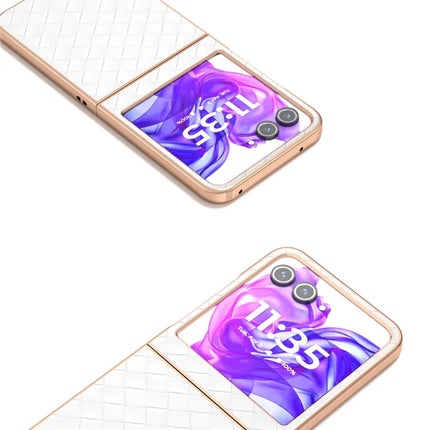 For Motorola Razr 50 5G Case Woven Texture Electroplating Edge Leather Coated PC Phone Cover