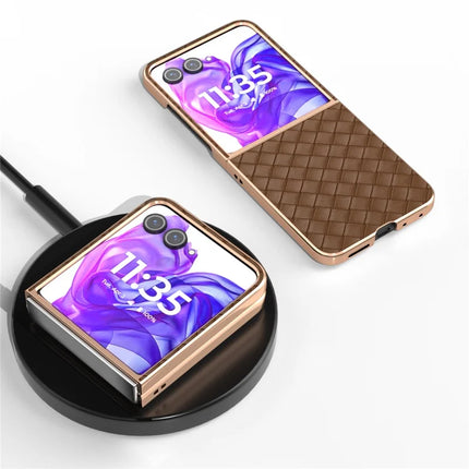 For Motorola Razr 50 Ultra 5G Case Woven Texture Electroplating Edge Leather Coated PC Phone Cover