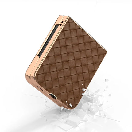 For Motorola Razr 50 Ultra 5G Case Woven Texture Electroplating Edge Leather Coated PC Phone Cover