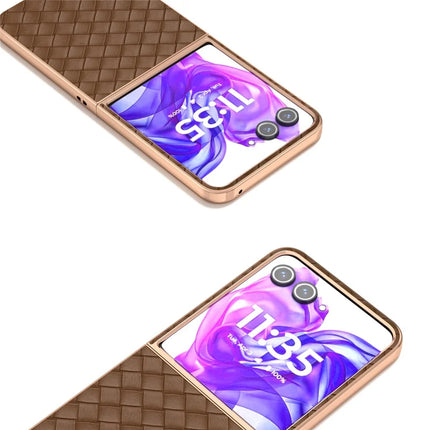 For Motorola Razr 50 Ultra 5G Case Woven Texture Electroplating Edge Leather Coated PC Phone Cover