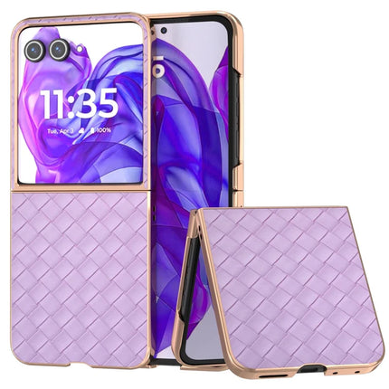 For Motorola Razr 50 Ultra 5G Case Woven Texture Electroplating Edge Leather Coated PC Phone Cover - Purple