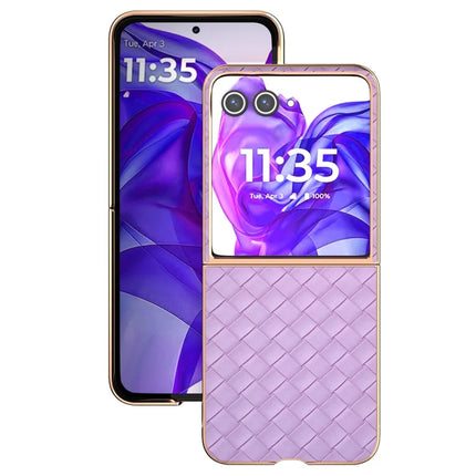 For Motorola Razr 50 Ultra 5G Case Woven Texture Electroplating Edge Leather Coated PC Phone Cover