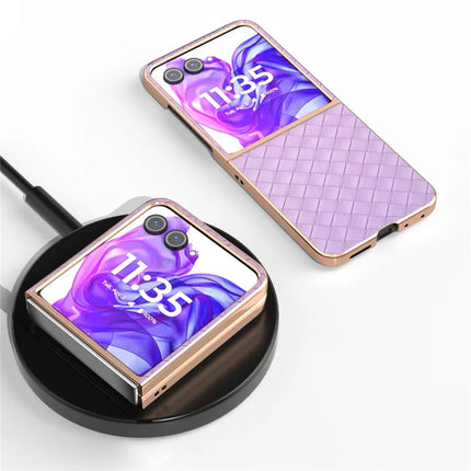 For Motorola Razr 50 Ultra 5G Case Woven Texture Electroplating Edge Leather Coated PC Phone Cover