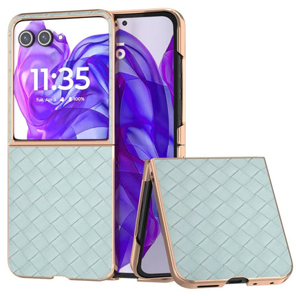 For Motorola Razr 50 Ultra 5G Case Woven Texture Electroplating Edge Leather Coated PC Phone Cover - Light Green