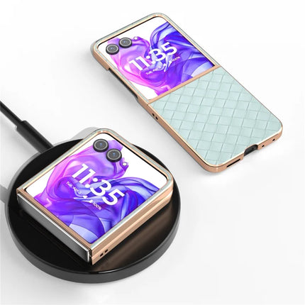 For Motorola Razr 50 Ultra 5G Case Woven Texture Electroplating Edge Leather Coated PC Phone Cover