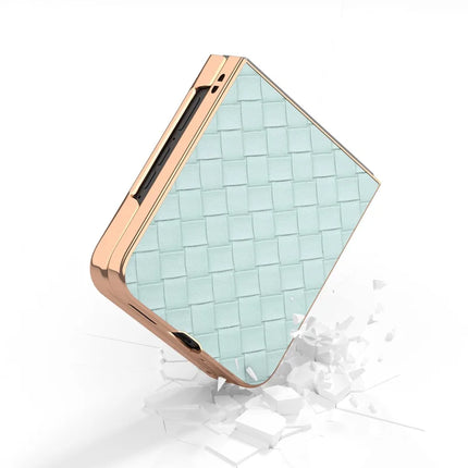 For Motorola Razr 50 Ultra 5G Case Woven Texture Electroplating Edge Leather Coated PC Phone Cover