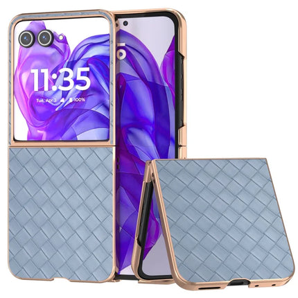 For Motorola Razr 50 Ultra 5G Case Woven Texture Electroplating Edge Leather Coated PC Phone Cover - Baby Blue
