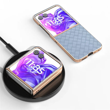 For Motorola Razr 50 Ultra 5G Case Woven Texture Electroplating Edge Leather Coated PC Phone Cover