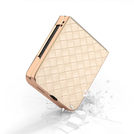 For Motorola Razr 50 Ultra 5G Case Woven Texture Electroplating Edge Leather Coated PC Phone Cover
