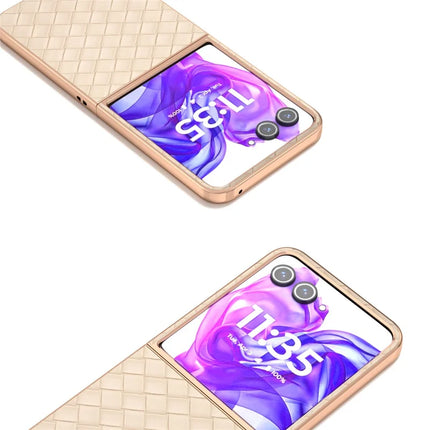 For Motorola Razr 50 Ultra 5G Case Woven Texture Electroplating Edge Leather Coated PC Phone Cover