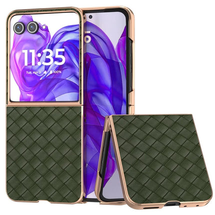For Motorola Razr 50 Ultra 5G Case Woven Texture Electroplating Edge Leather Coated PC Phone Cover - Green