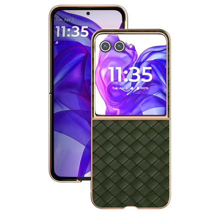 For Motorola Razr 50 Ultra 5G Case Woven Texture Electroplating Edge Leather Coated PC Phone Cover