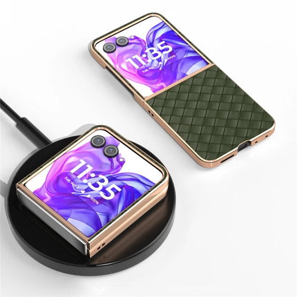 For Motorola Razr 50 Ultra 5G Case Woven Texture Electroplating Edge Leather Coated PC Phone Cover