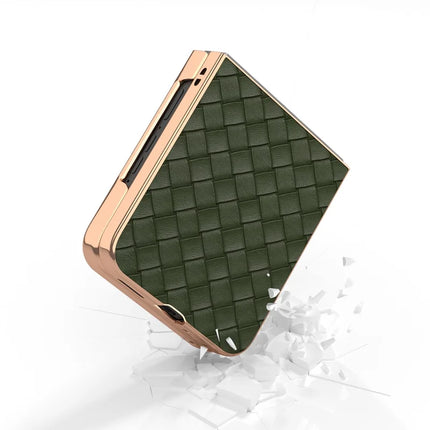 For Motorola Razr 50 Ultra 5G Case Woven Texture Electroplating Edge Leather Coated PC Phone Cover