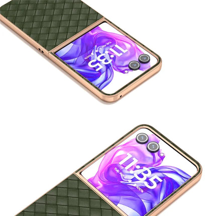 For Motorola Razr 50 Ultra 5G Case Woven Texture Electroplating Edge Leather Coated PC Phone Cover