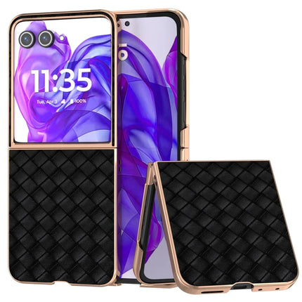For Motorola Razr 50 Ultra 5G Case Woven Texture Electroplating Edge Leather Coated PC Phone Cover - Black