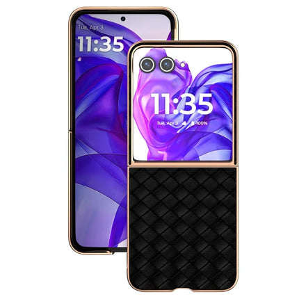 For Motorola Razr 50 Ultra 5G Case Woven Texture Electroplating Edge Leather Coated PC Phone Cover
