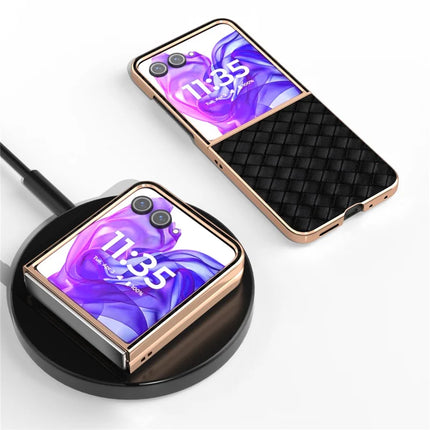 For Motorola Razr 50 Ultra 5G Case Woven Texture Electroplating Edge Leather Coated PC Phone Cover