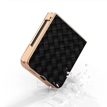 For Motorola Razr 50 Ultra 5G Case Woven Texture Electroplating Edge Leather Coated PC Phone Cover