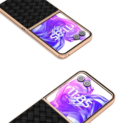 For Motorola Razr 50 Ultra 5G Case Woven Texture Electroplating Edge Leather Coated PC Phone Cover