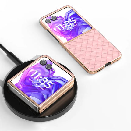 For Motorola Razr 50 Ultra 5G Case Woven Texture Electroplating Edge Leather Coated PC Phone Cover