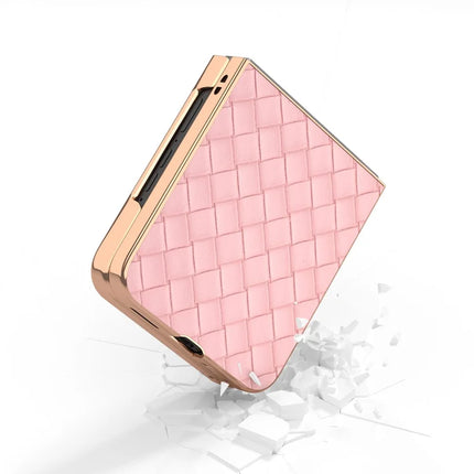 For Motorola Razr 50 Ultra 5G Case Woven Texture Electroplating Edge Leather Coated PC Phone Cover