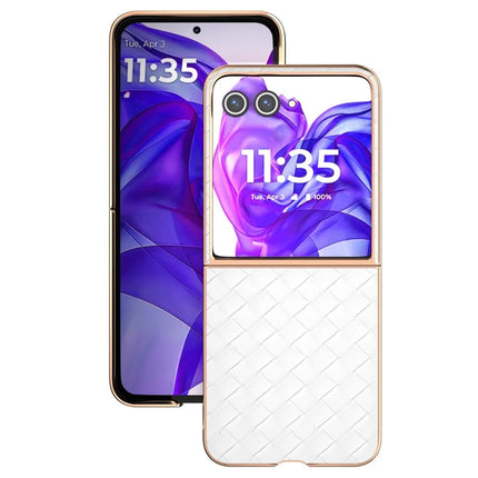 For Motorola Razr 50 Ultra 5G Case Woven Texture Electroplating Edge Leather Coated PC Phone Cover