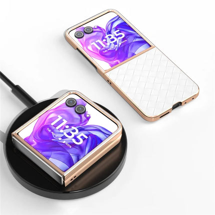 For Motorola Razr 50 Ultra 5G Case Woven Texture Electroplating Edge Leather Coated PC Phone Cover