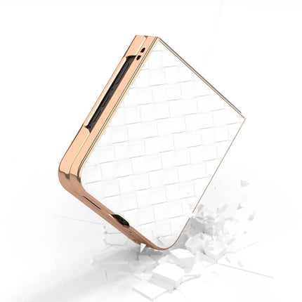 For Motorola Razr 50 Ultra 5G Case Woven Texture Electroplating Edge Leather Coated PC Phone Cover