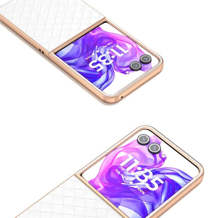 For Motorola Razr 50 Ultra 5G Case Woven Texture Electroplating Edge Leather Coated PC Phone Cover