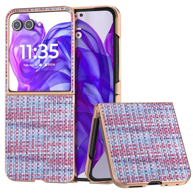 For Motorola Razr 50 Ultra 5G Case Electroplating Edge Plaid Texture PU Leather+PC Phone Cover - Purple