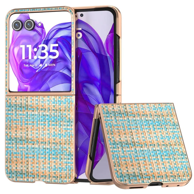 For Motorola Razr 50 Ultra 5G Case Electroplating Edge Plaid Texture PU Leather+PC Phone Cover - Blue