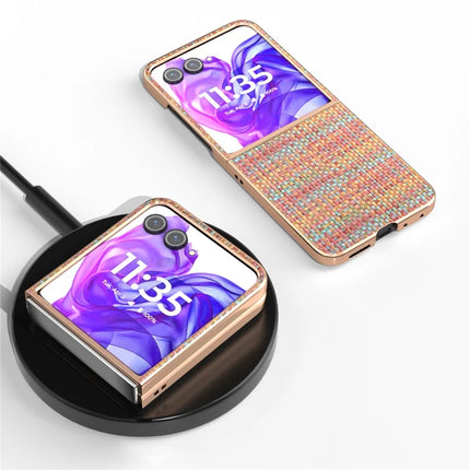 For Motorola Razr 50 Ultra 5G Case Electroplating Edge Plaid Texture PU Leather+PC Phone Cover