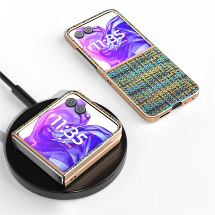 For Motorola Razr 50 Ultra 5G Case Electroplating Edge Plaid Texture PU Leather+PC Phone Cover