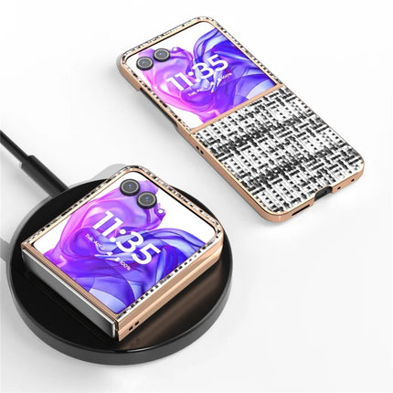 For Motorola Razr 50 Ultra 5G Case Electroplating Edge Plaid Texture PU Leather+PC Phone Cover