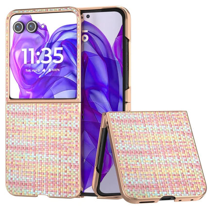 For Motorola Razr 50 Ultra 5G Case Electroplating Edge Plaid Texture PU Leather+PC Phone Cover - Pink