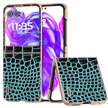 ABEEL For Motorola Razr 50 5G Case Electroplating Edge Crocodile Texture Genuine Cow Leather Back Cover - Midnight Green