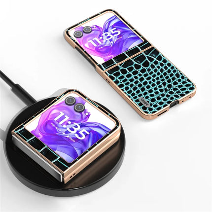 ABEEL For Motorola Razr 50 5G Case Electroplating Edge Crocodile Texture Genuine Cow Leather Back Cover