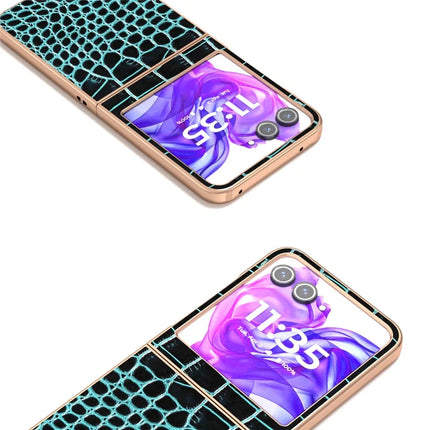 ABEEL For Motorola Razr 50 5G Case Electroplating Edge Crocodile Texture Genuine Cow Leather Back Cover