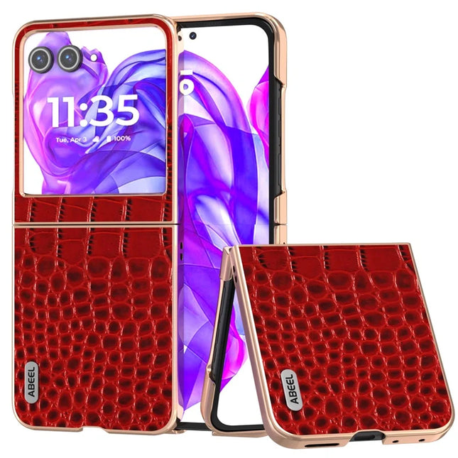 ABEEL For Motorola Razr 50 5G Case Electroplating Edge Crocodile Texture Genuine Cow Leather Back Cover - Red