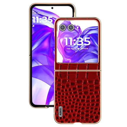 ABEEL For Motorola Razr 50 5G Case Electroplating Edge Crocodile Texture Genuine Cow Leather Back Cover
